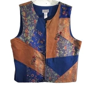 Stonebridge Brown Blue Denim Corduroy Color Block Floral Print‎ Vest Women’s  XL